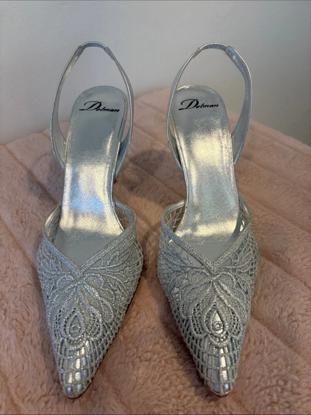 Delman Silver Lace Slingback Pointed Toe Pumps